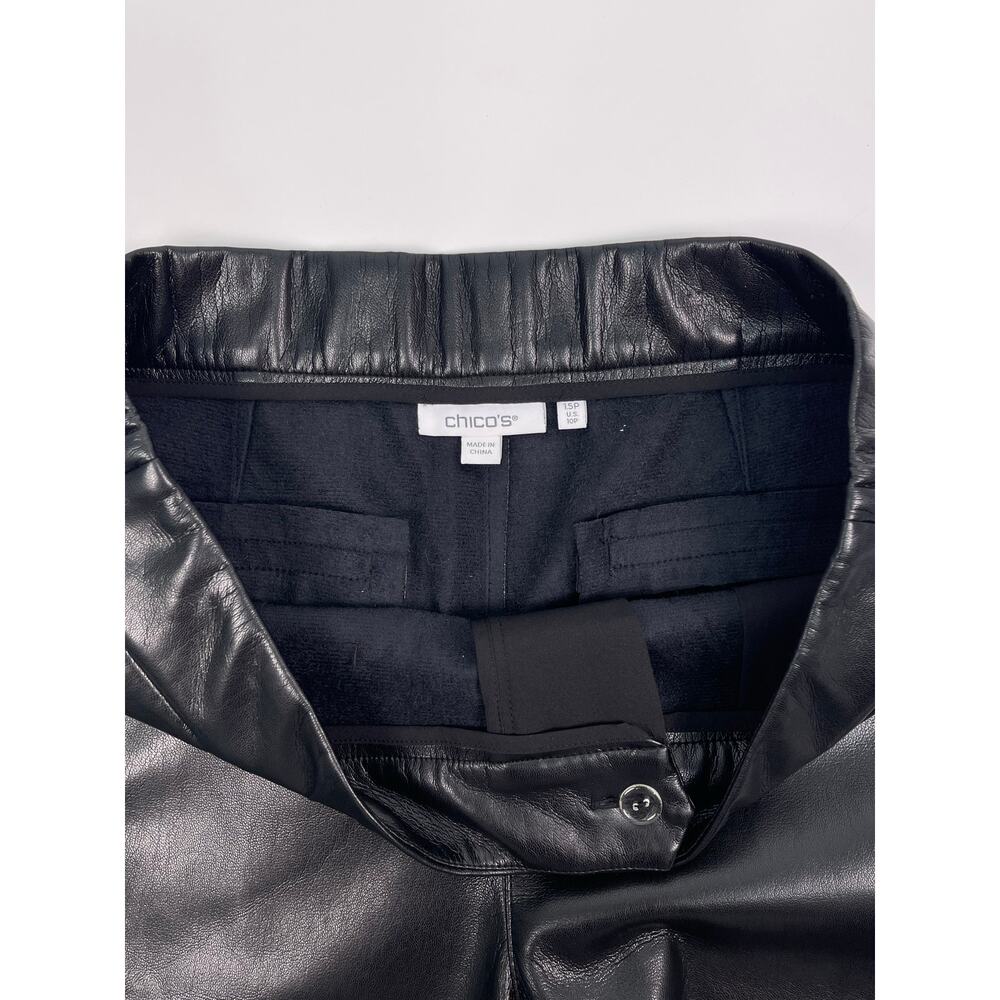 Chico’s Black Faux Leather Cropped Trousers Lace Hem Wide Leg Pants 10 Petite - Picture 9 of 13